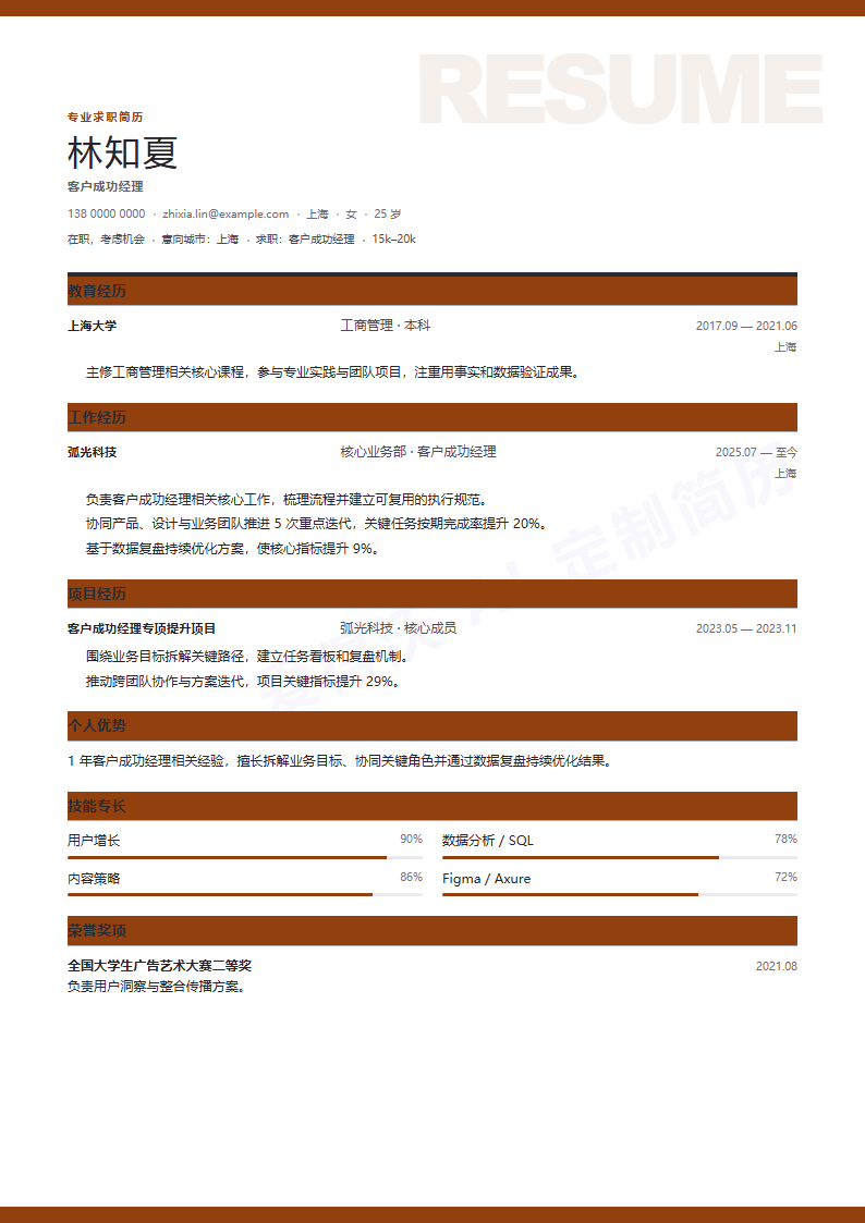 国内简历Resume样式示例